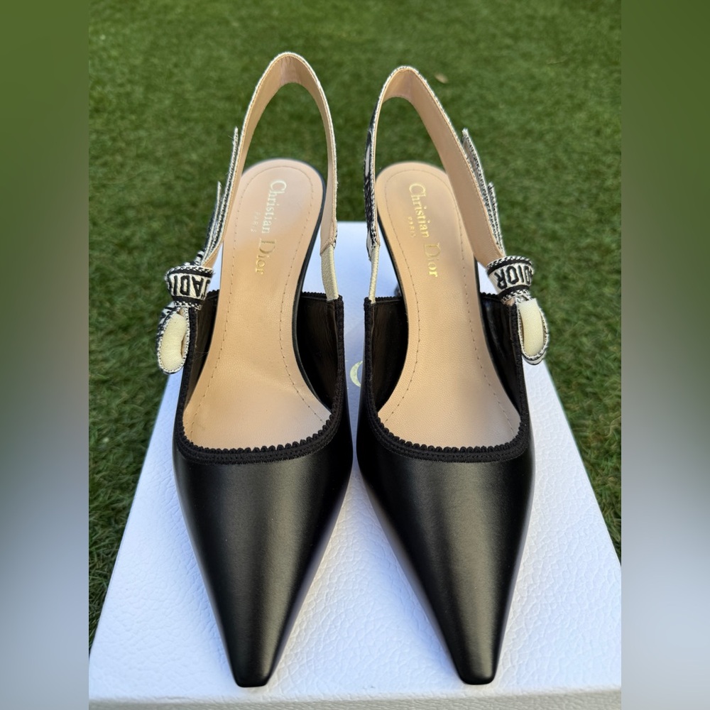 CHRISTIAN DIOR J'ADIOR BLACK CALFSKIN LEATHER SHOES SLINGBACKS KITTEN HEELS 37.5 - Picture 4 of 15